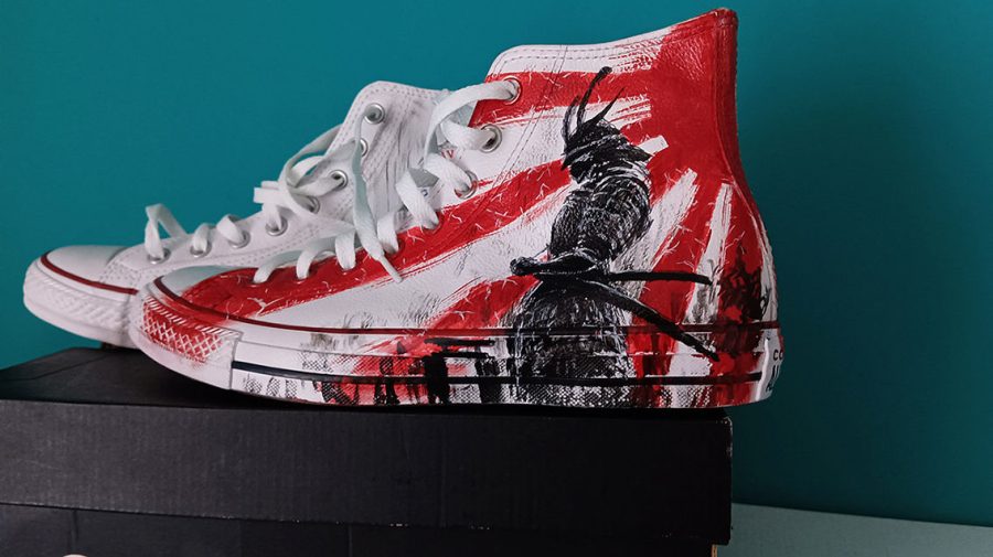 Converse All Star trainers hand-painted leather "Samurai" side view left shoe design