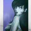 FanArt Fujiko Mine Quadro dipinto a mano su tela misura 20x30 cm disegno in bianco e nero con rossetto rosso e sfondo viola vista frontale