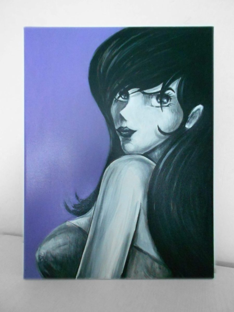 FanArt Fujiko Mine Hand-painted painting on canvas size 20x30 cm black and white design with red lipstick and purple background front view