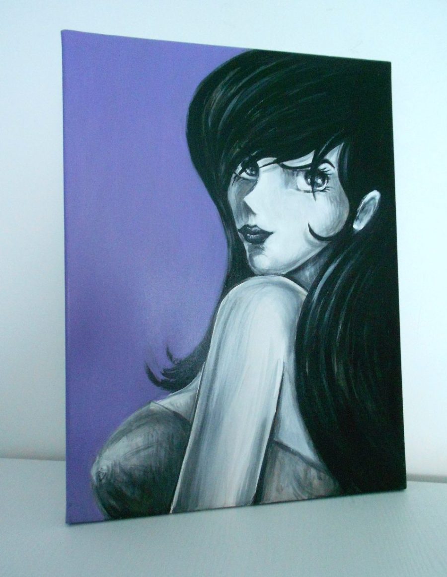 FanArt Fujiko Mine Quadro dipinto a mano su tela misura 20x30 cm disegno in bianco e nero con rossetto rosso e sfondo viola vista semi frontale