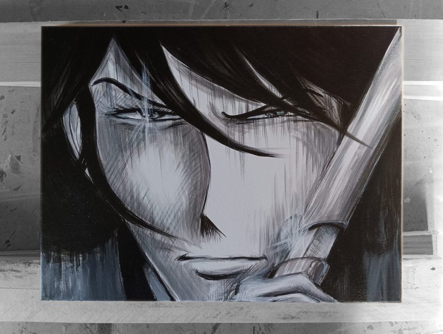 Goemon Ishikawa fanart hand-painted painting on canvas frontal view black and white drawing goemon with sword frontal view