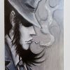 Daisuke Jigen FanArt hand-painted canvas front view drawing jigen in profile with hat and cigarette in black and white