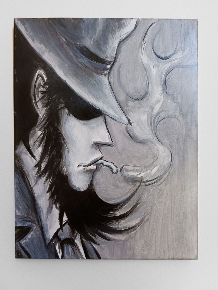 Daisuke Jigen FanArt hand-painted canvas front view drawing jigen in profile with hat and cigarette in black and white