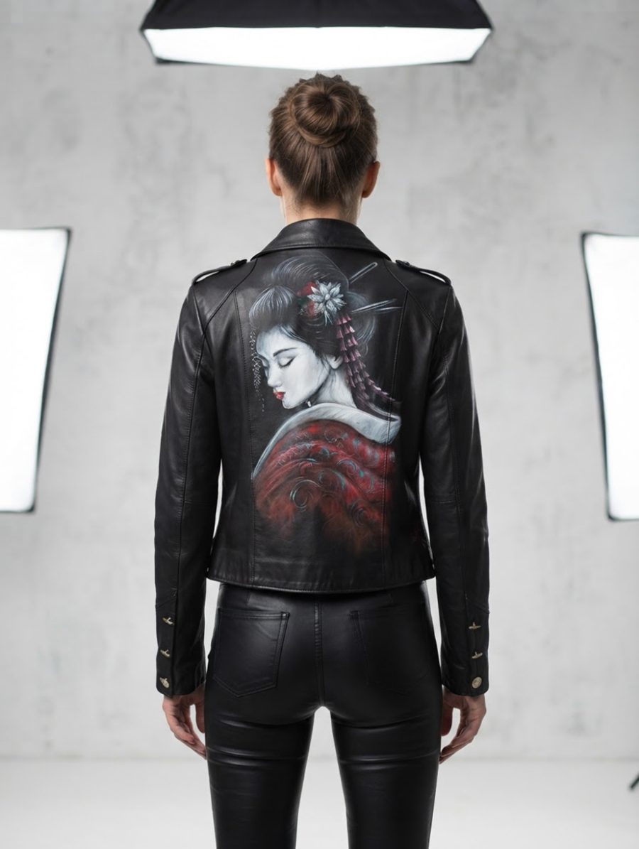 Giacca in pelle nera "Geisha" – Pezzo unico dipinto a mano in stile Steampunk