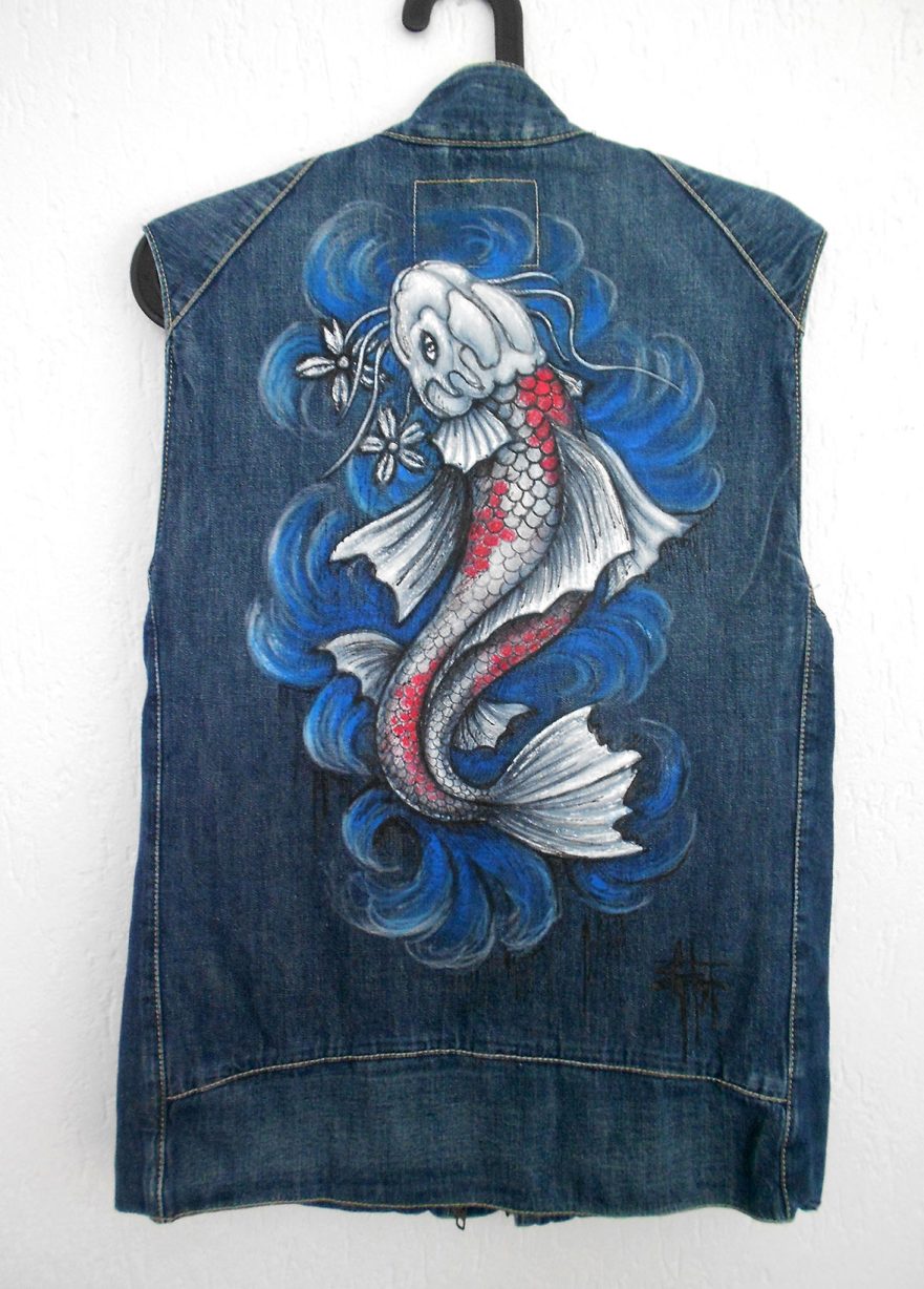 Vintage Levi's hand-painted Jeans waistcoat Carp Koi rear view designed part