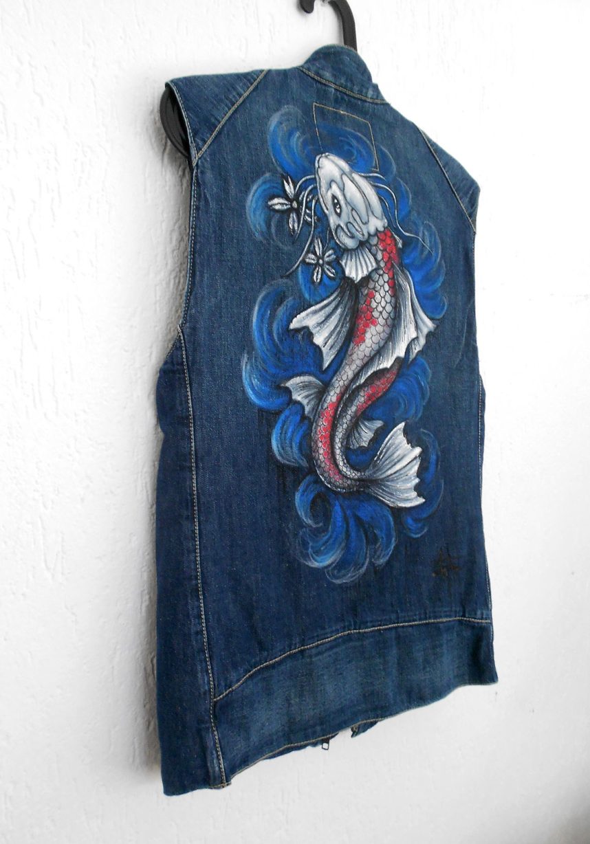 Vintage Levi's hand-painted Jeans waistcoat Carp Koi front view semi-side view