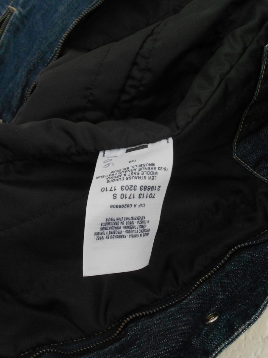 Vintage hand-painted Levi's Jeans waistcoat Carp Koi interior view waistcoat detail on composition label