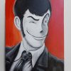 Lupin III quadro dipinto a mano su tela disegno in bianco e nero con fondo rosso vista frontale