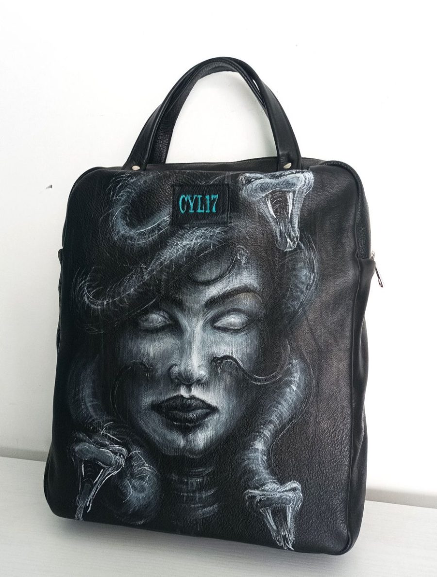 Hand-Painted Recycled Black Leather Backpack 