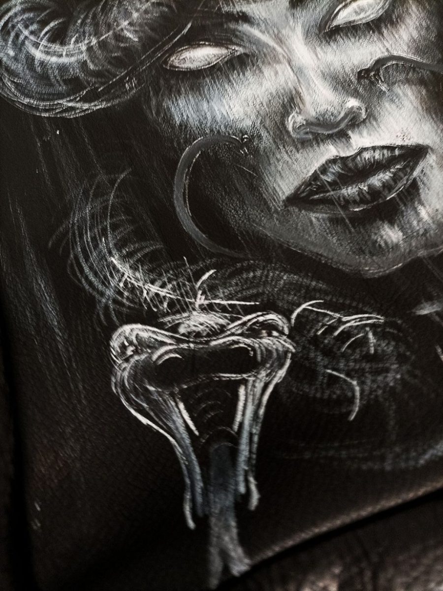 Hand-Painted Recycled Black Leather Backpack 