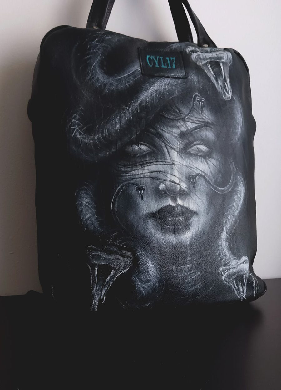 Hand-Painted Recycled Black Leather Backpack 