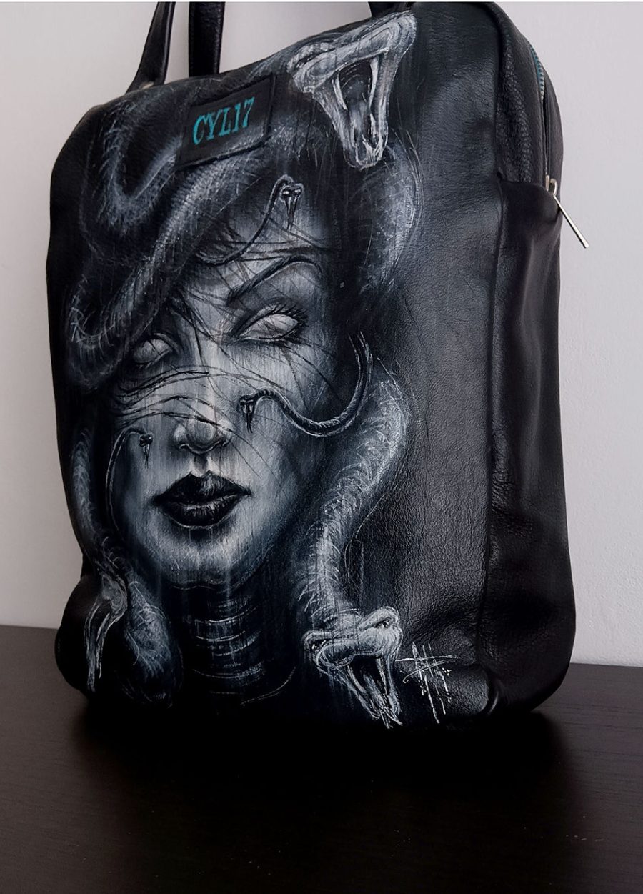 Hand-Painted Recycled Black Leather Backpack 