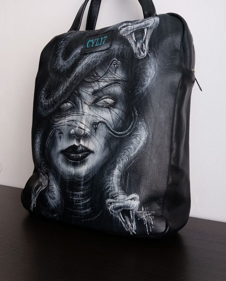 Hand-Painted Recycled Black Leather Backpack 