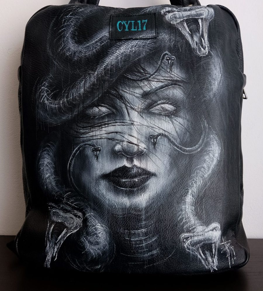 Hand-Painted Recycled Black Leather Backpack 