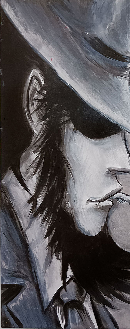 Daisuke Jigen FanArt hand-painted canvas front view drawing jigen in profile with hat and cigarette in black and white