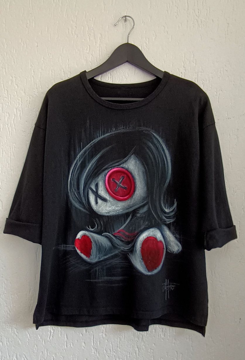 Black hand-painted women's sweatshirt Button eye Doll