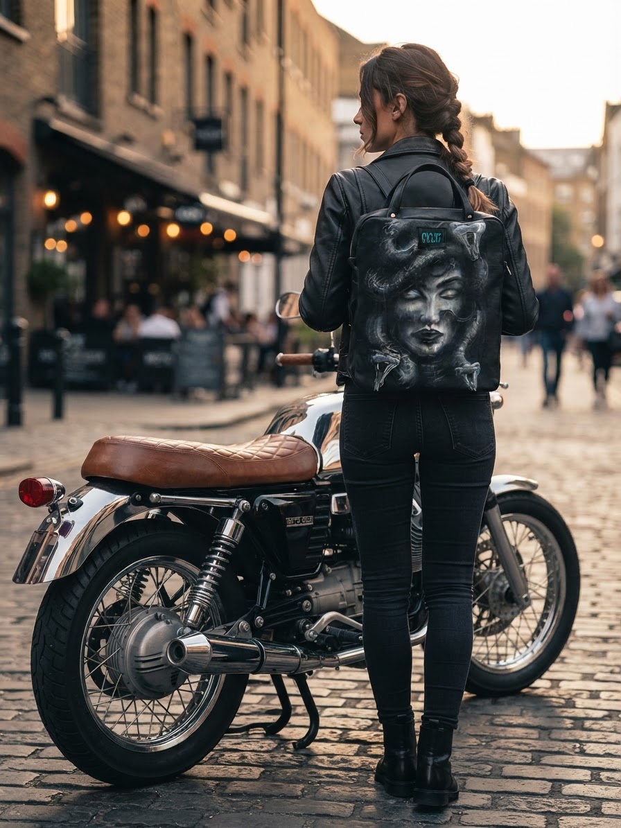 Hand-painted recycled black leather "Medusa" backpack"