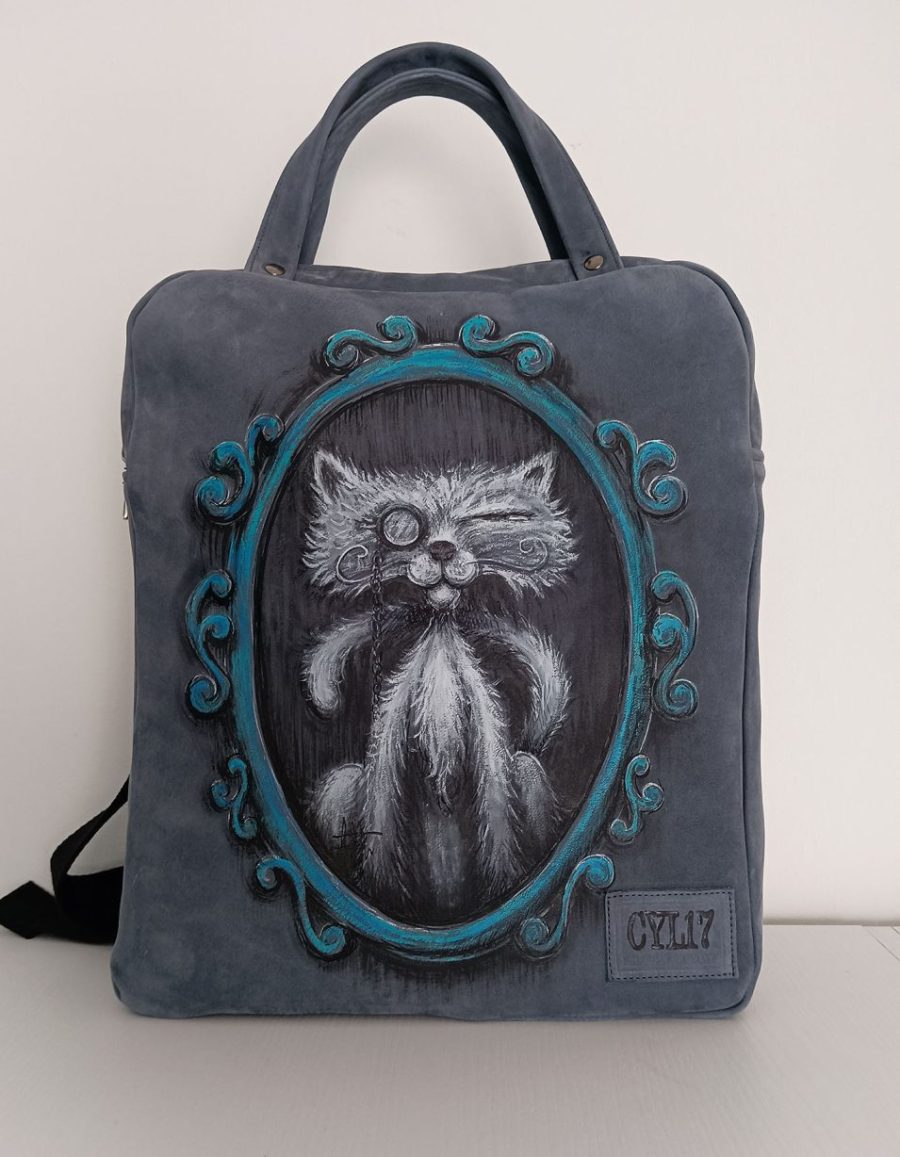 Personalised backpack in recycled leather hand-painted "Aristocratic Cat" aviation colour front view cat design in black and white with turquoise frame