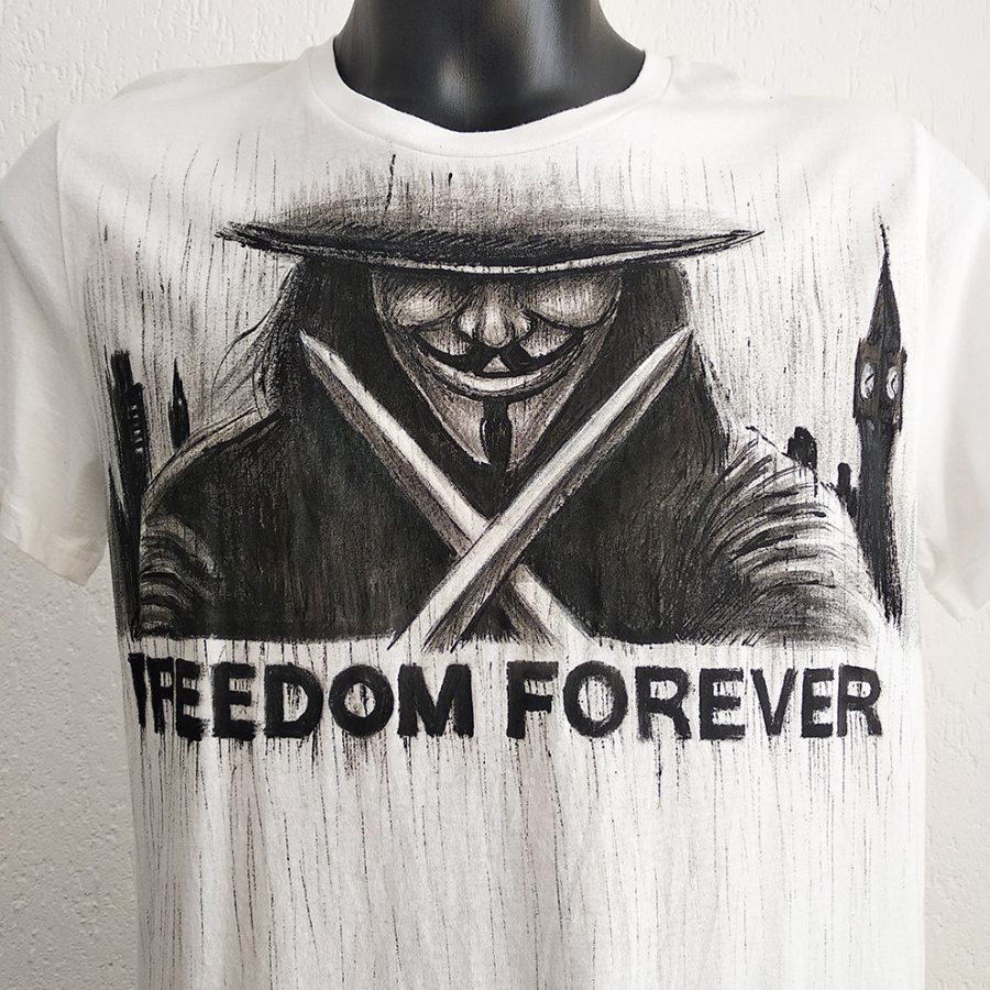 Vista alternativa dell'T-shirt dipinta a mano Anonymous V per Vendetta Freedom Forever