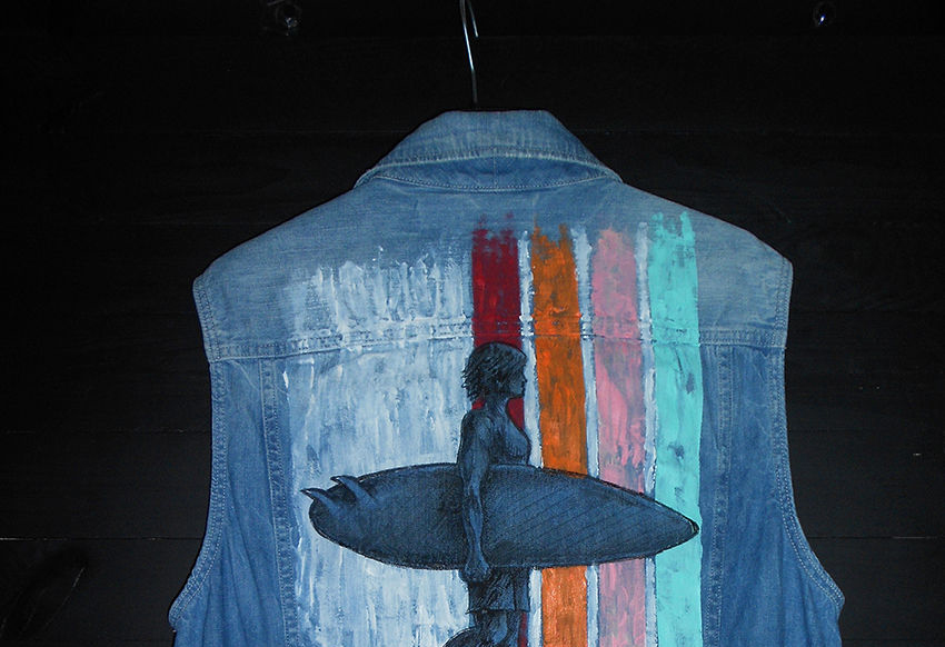 Gilet in jeans vintage G-Star dipinto a mano "Surfer" - immagine 6