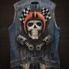 The back of a vintage denim waistcoat featuring a hand-painted illustration of a skull wearing an orange helmet, chequered flags and two pistons, in an artistic, worn-in style.