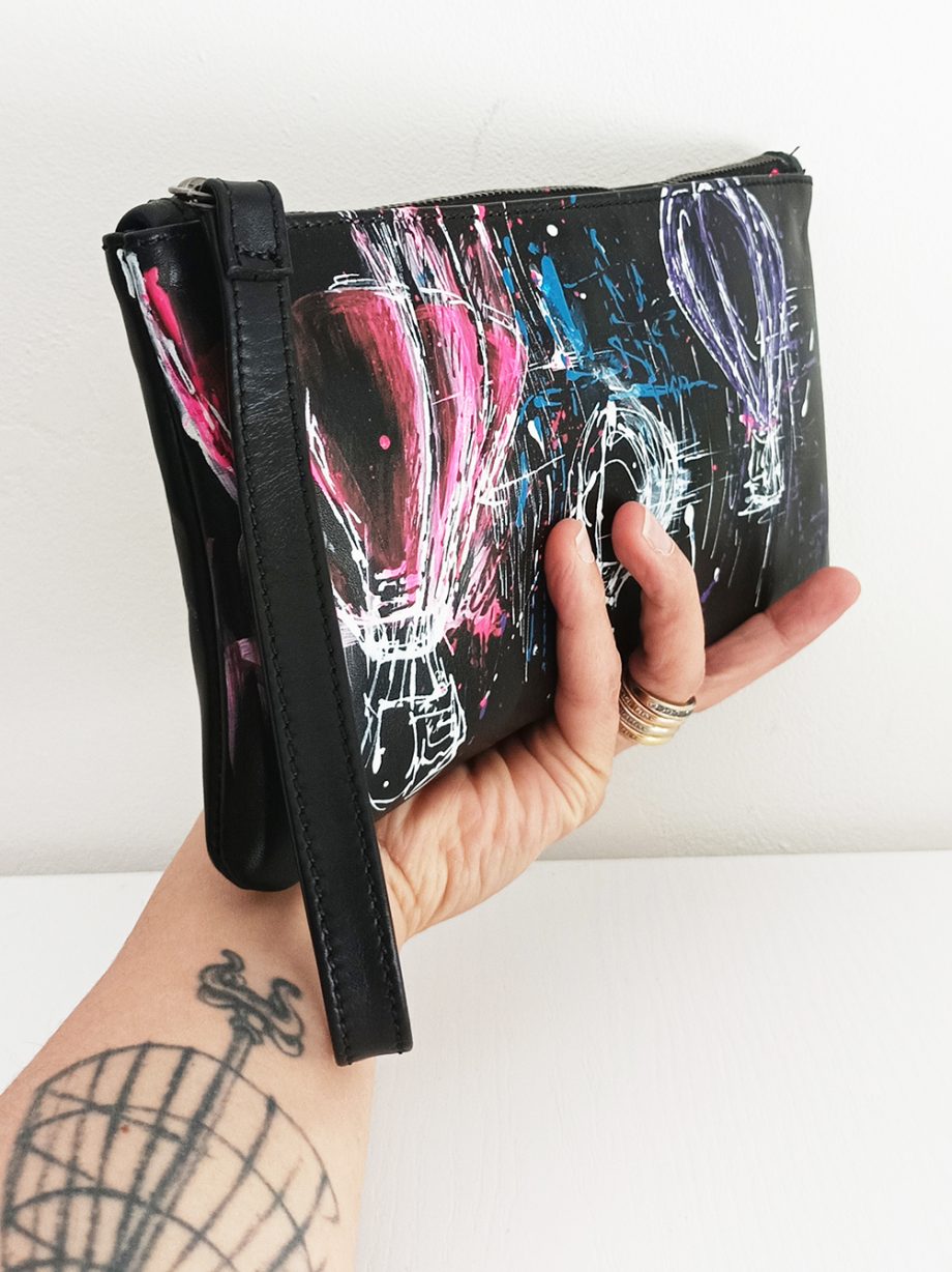 Hand-painted black leather "Hot-air Balloons" mini clutch bag"