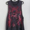 A dark grey vest featuring a hand-painted portrait of a French Bulldog in artistic pink and red brushstrokes, hanging on a wall.