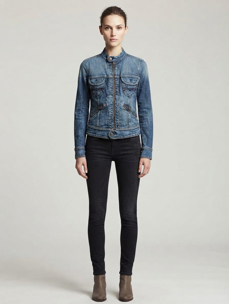 Giacca vintage in jeans indossata da una modella in una posa frontale
