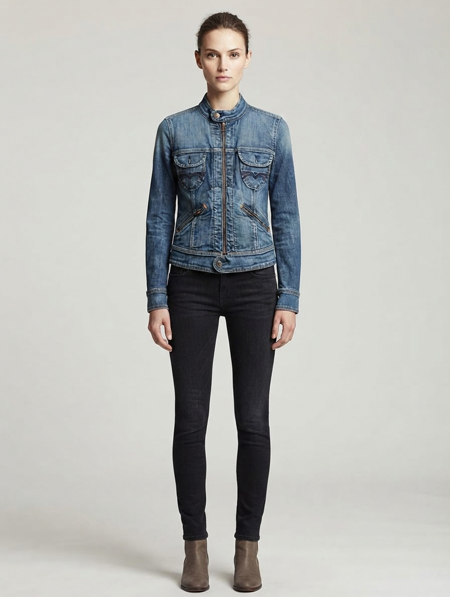 Giacca vintage in jeans indossata da una modella in una posa frontale