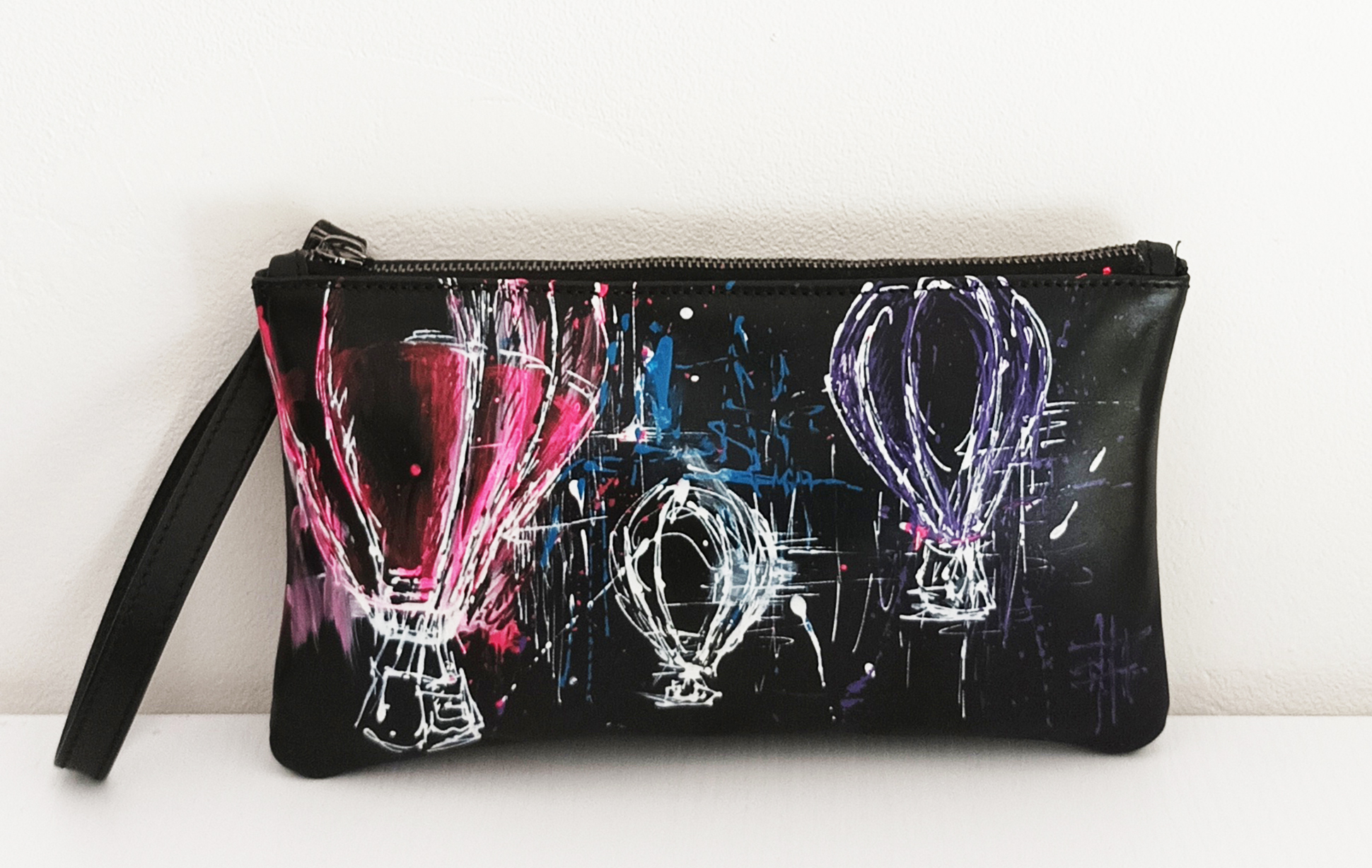 Mini clutch pelle nera dipinta a mano "Mongolfiere" - Image 6