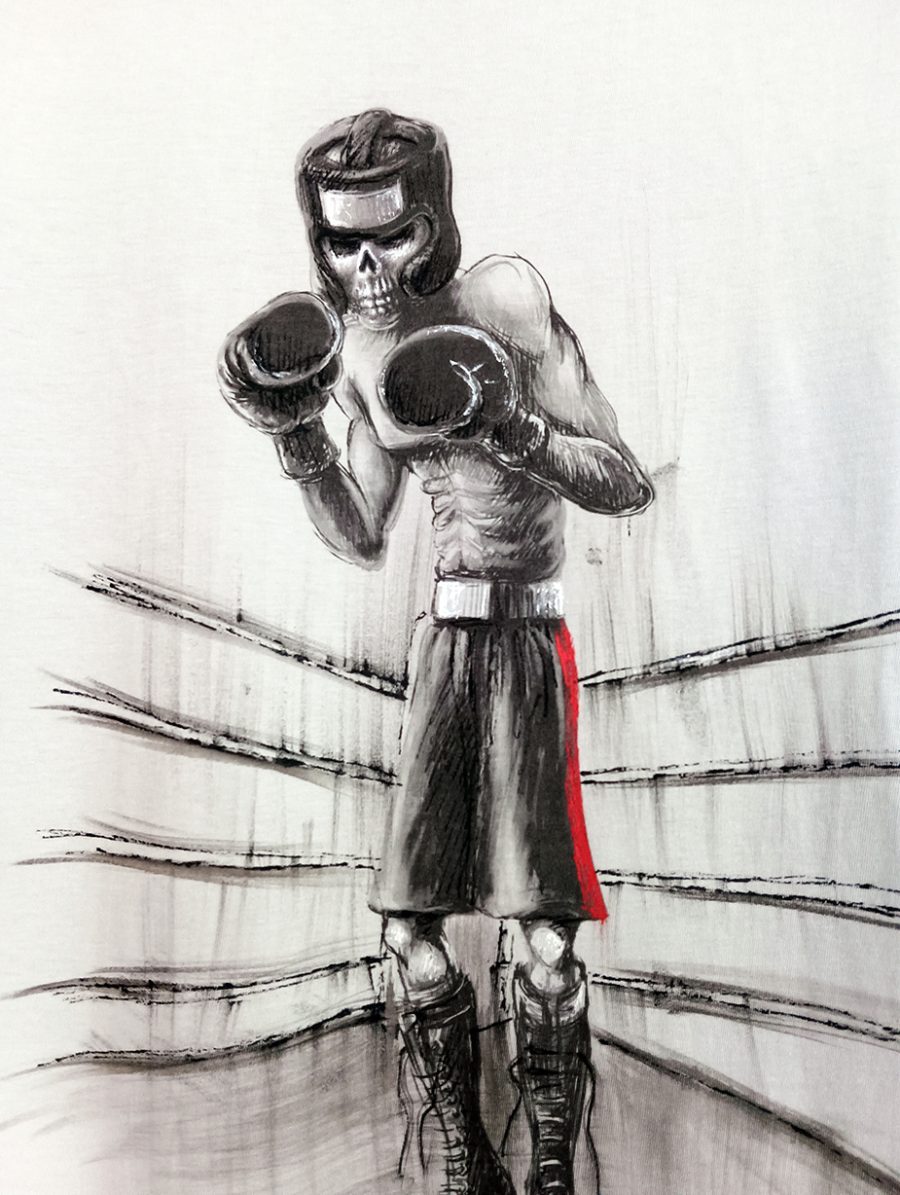 White T-shirt featuring a black-and-white illustration of a skeletal boxer in the ring, wearing gloves and a headguard, finished by hand