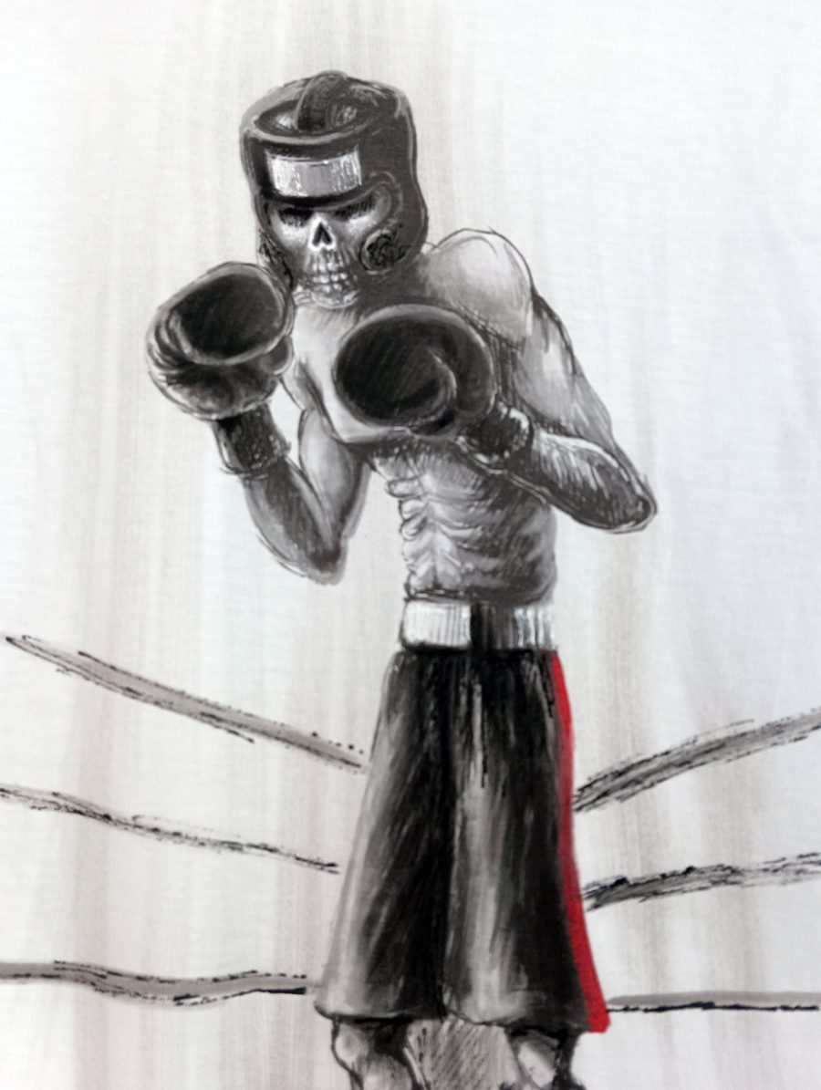 White T-shirt featuring a black-and-white illustration of a skeletal boxer in the ring, wearing gloves and a headguard, finished by hand